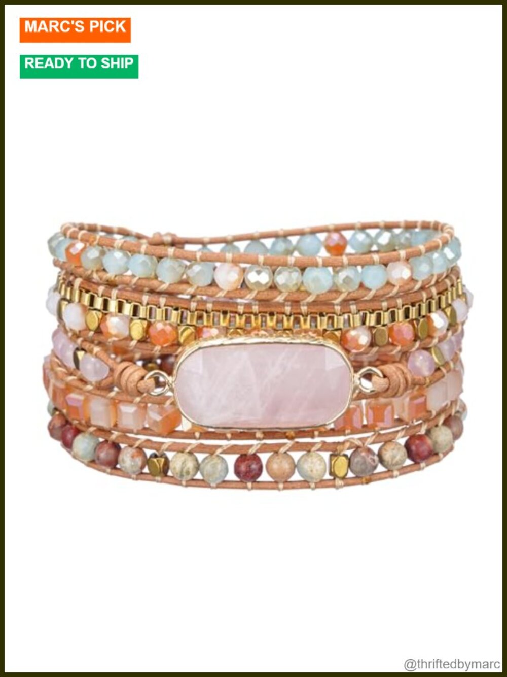 Rose Quartz Wrap Bracelet Natural Stone Boho Leather Jewelry Gift